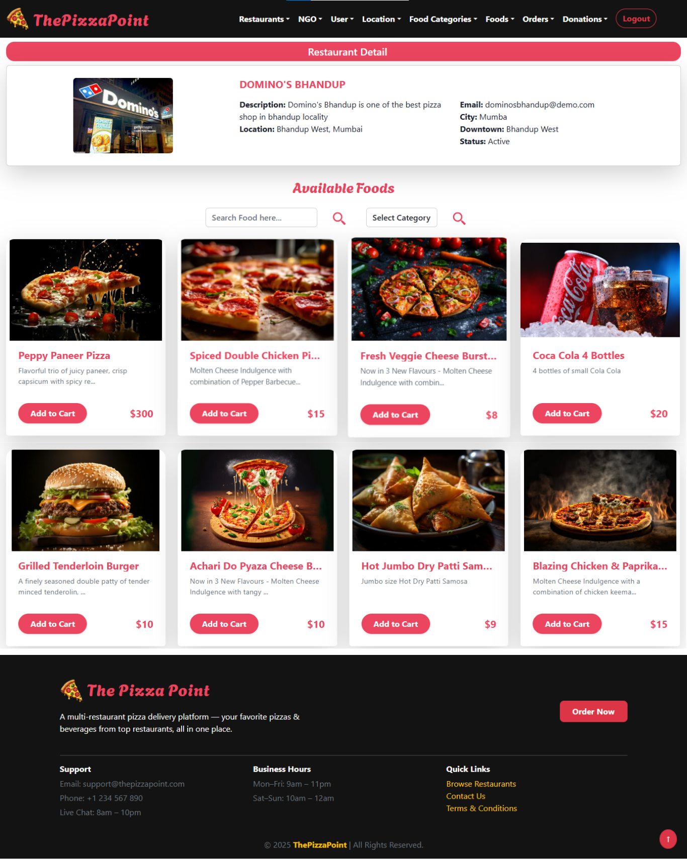 Restaurant Pizza Listings Page - Online Pizza Ordering System Project using Spring Boot and React JS