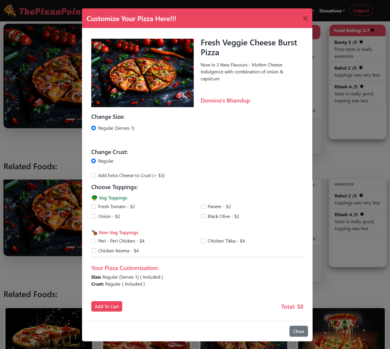 Pizza Customization Page - Online Pizza Ordering System Project using Spring Boot and React JS
