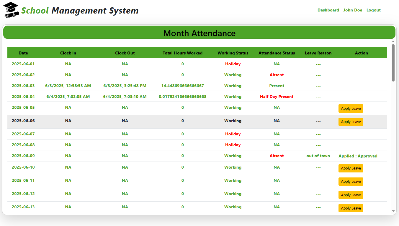 Attendance Tracking Page - School Management System Project using Spring Boot React JS MySQL