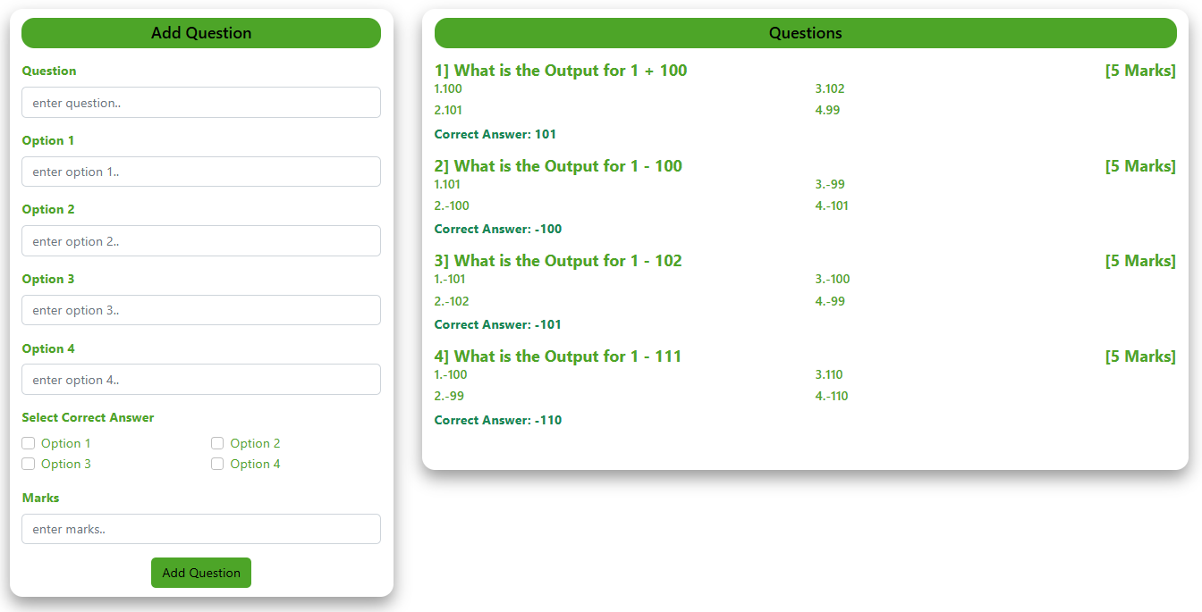 Add Exam Questions Page - School Management System Project using Spring Boot React JS MySQL