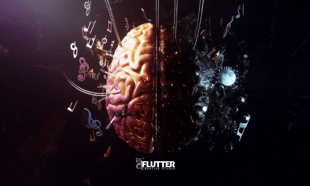 Conceptual illustration of a human brain split in half — one side glowing with warmth and musical notes, the other overtaken by wires, glitches, and cold circuitry. Symbolizes the tension between human creativity and AI automation.
