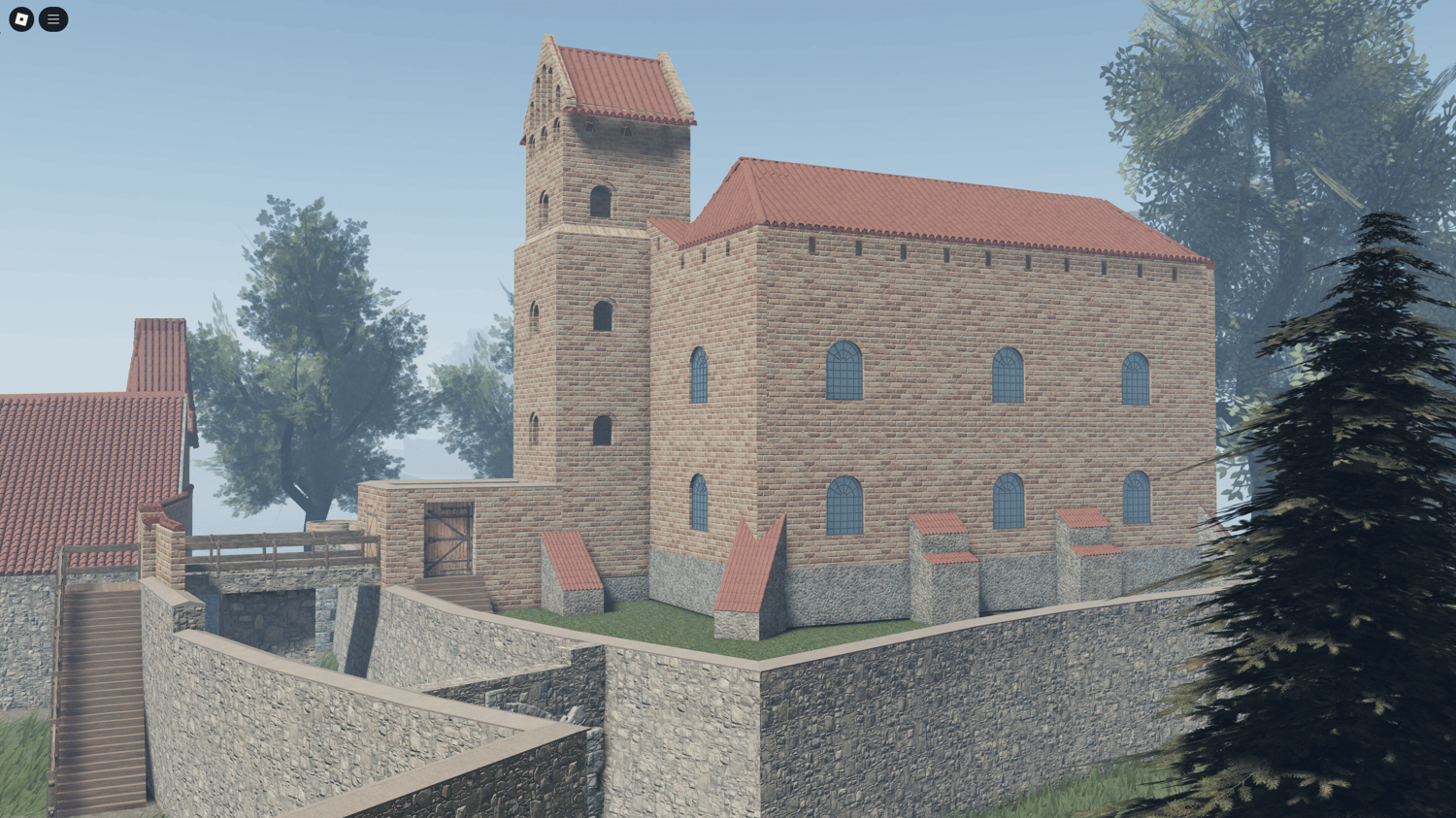 Aerial perspective showcasing the detailed brickwork of the castle towers
