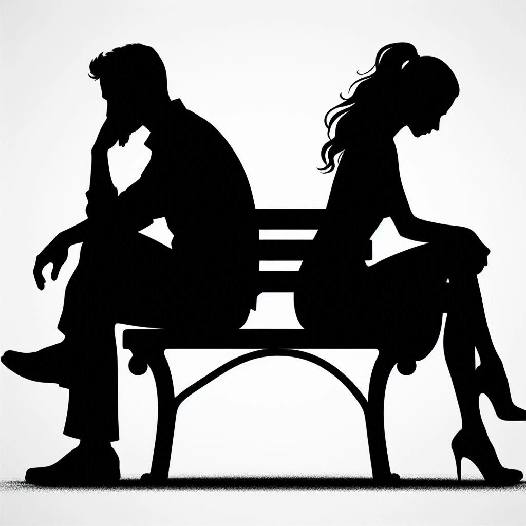 Black and white silhouette image of a man and woman sitting on a bench turned away from each other with their backs turned looking upset and frustrated