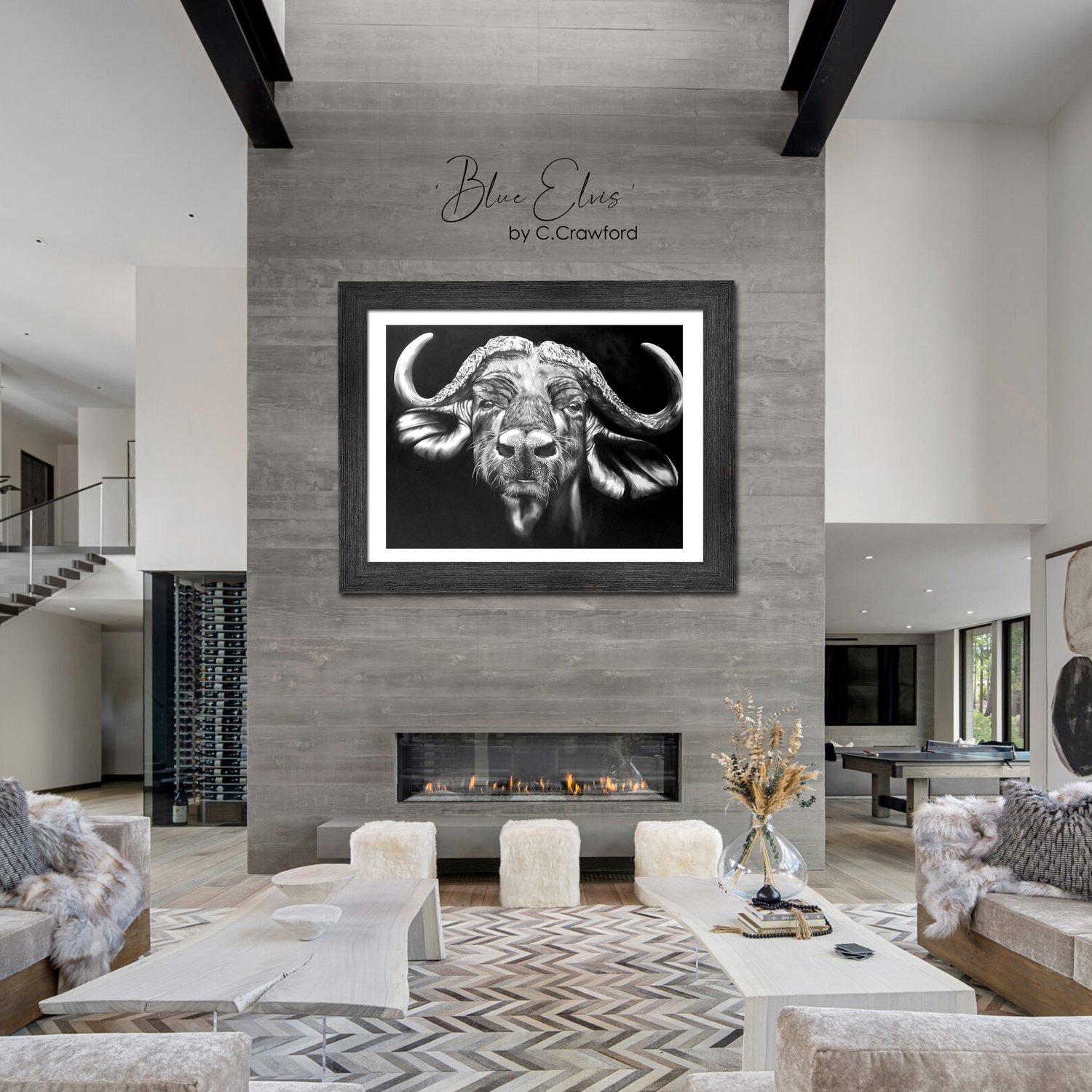 black and white art, interior design, oil painting, wild life art, paintings, art, trending, unique art, Cindy Crawford, buffalo