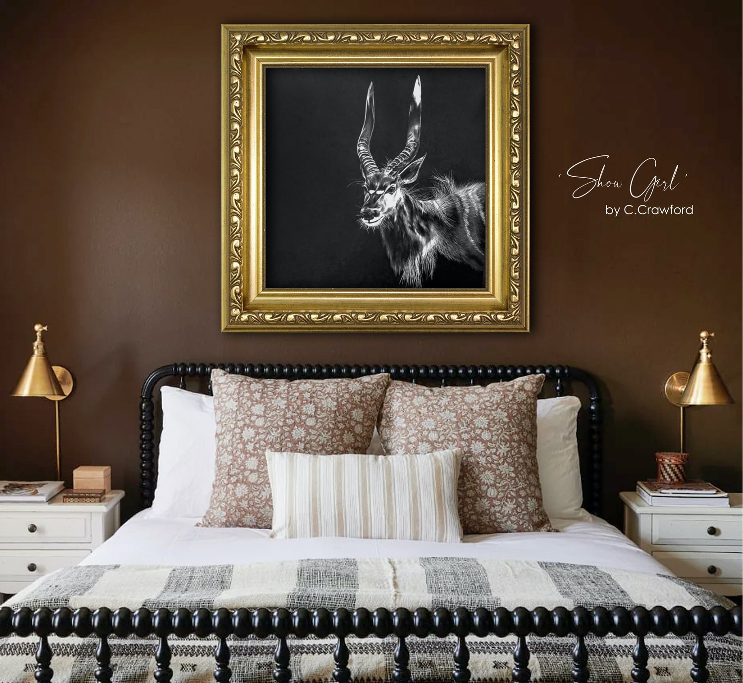 black and white art, interior design, oil painting, wild life art, paintings, art, trending, unique art, Cindy Crawford, nyala
