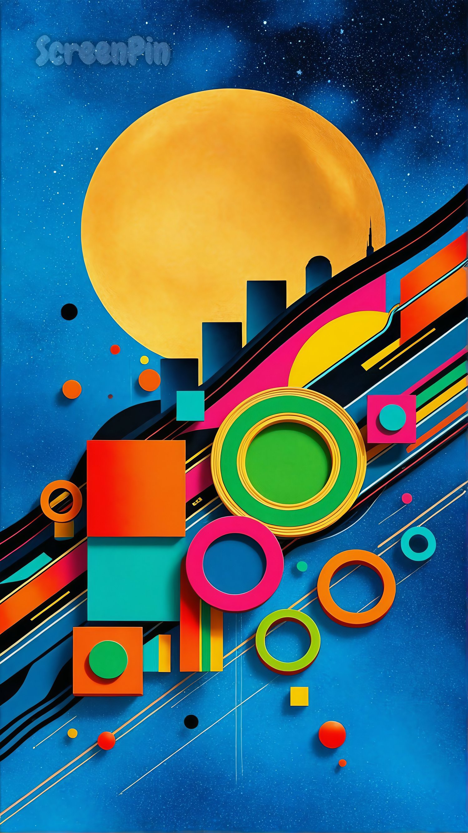 A futuristic cityscape with geometric 3D shapes arranged diagonally on a vibrant cosmic-blue background, featuring a large glowing apricot moon above a neon-lit skyline.