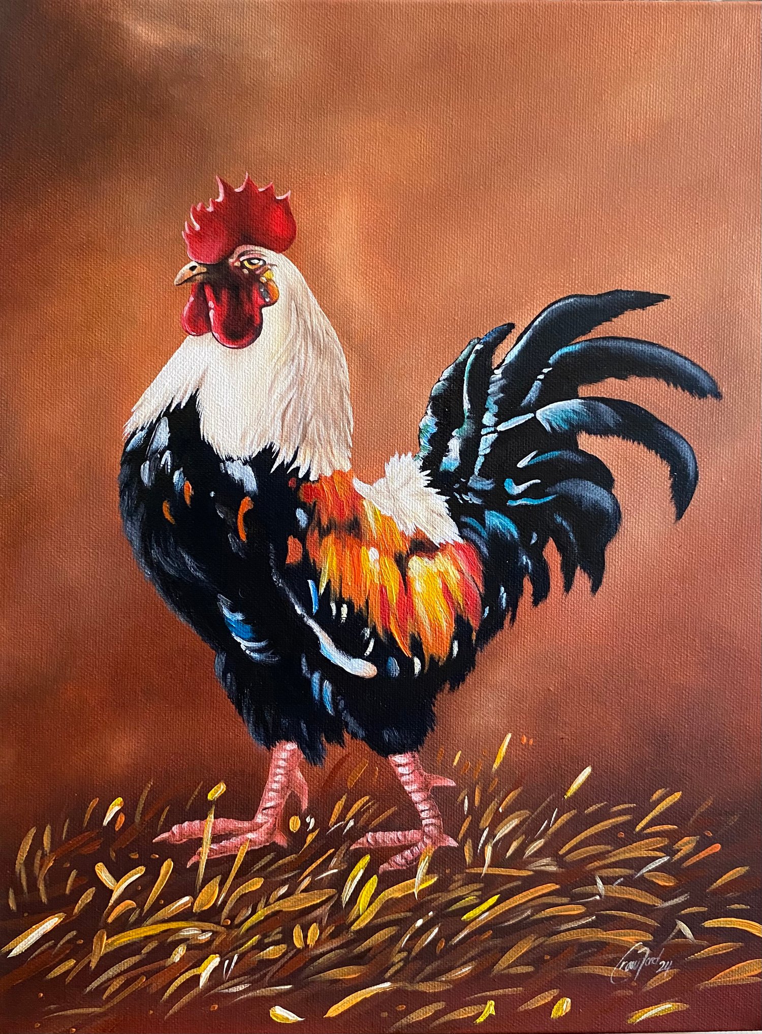 custom art, interior design, oil painting, wild life art, paintings, art, trending, unique art, Cindy Crawford, fine art painting, Crawford Fine Art, cock, chicken