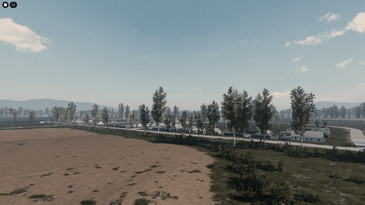 Military-themed Roblox scene with rural homes and empty roads