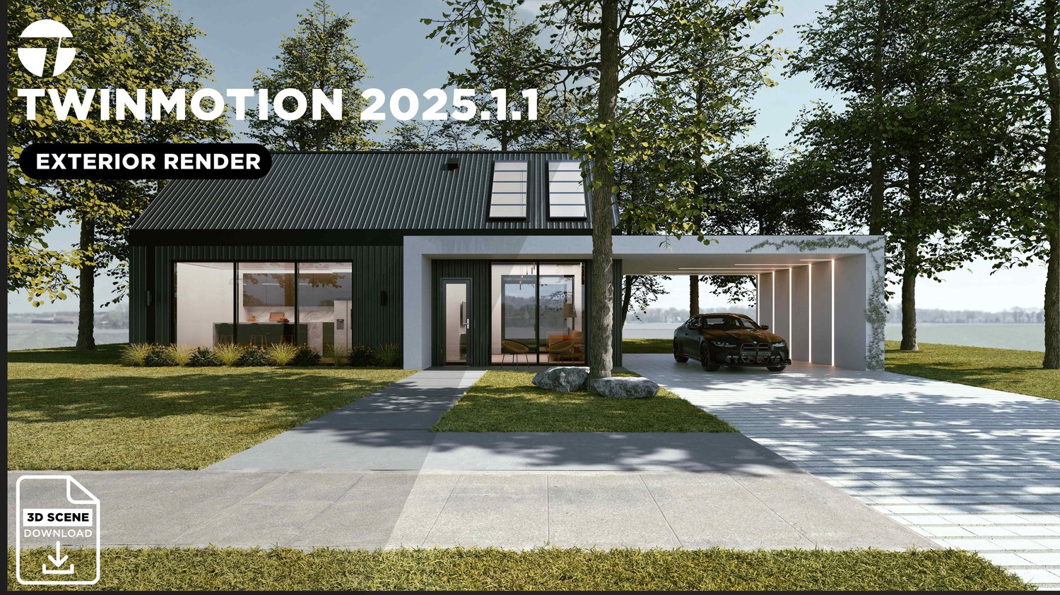 Before and after exterior render showing realism improvements in Twinmotion.