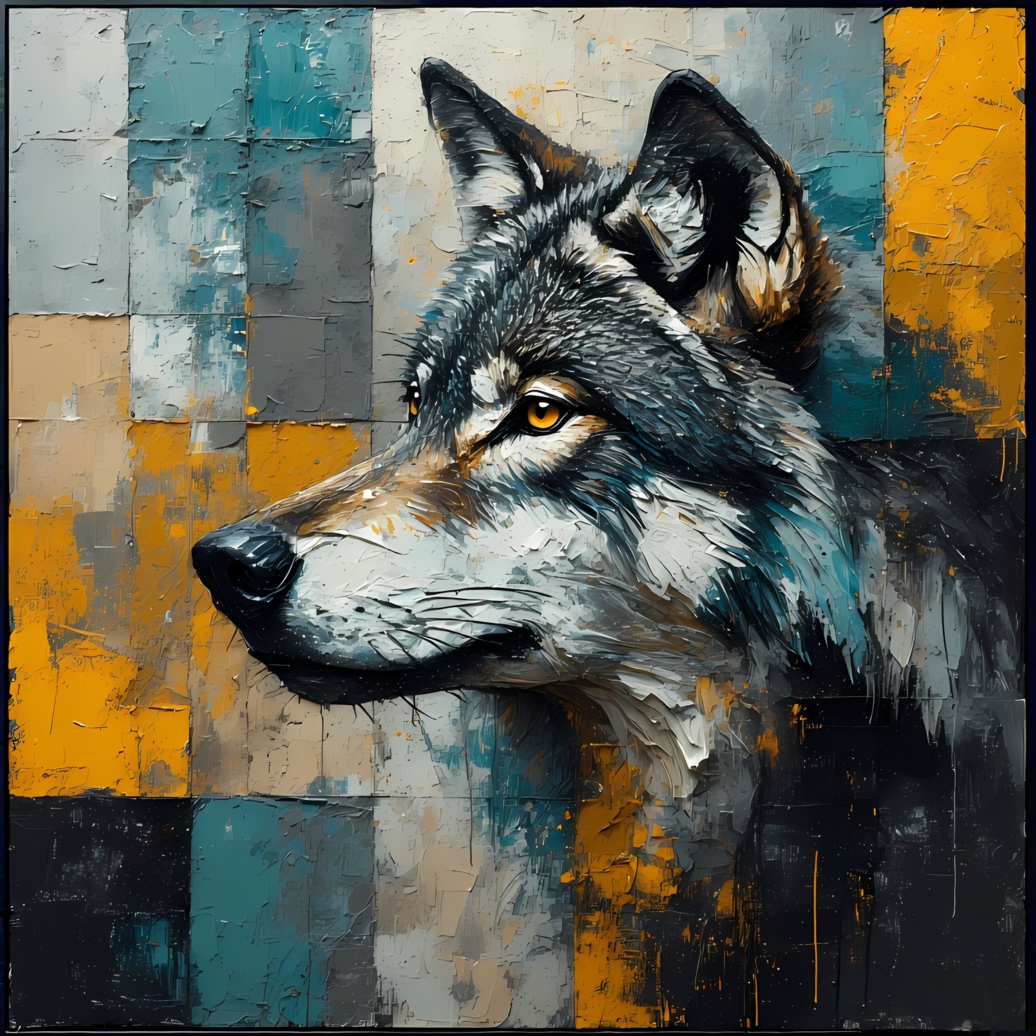 Abstract wolf in beautiful colors of teal, yellow, rust, black, gray. Face of a wolf