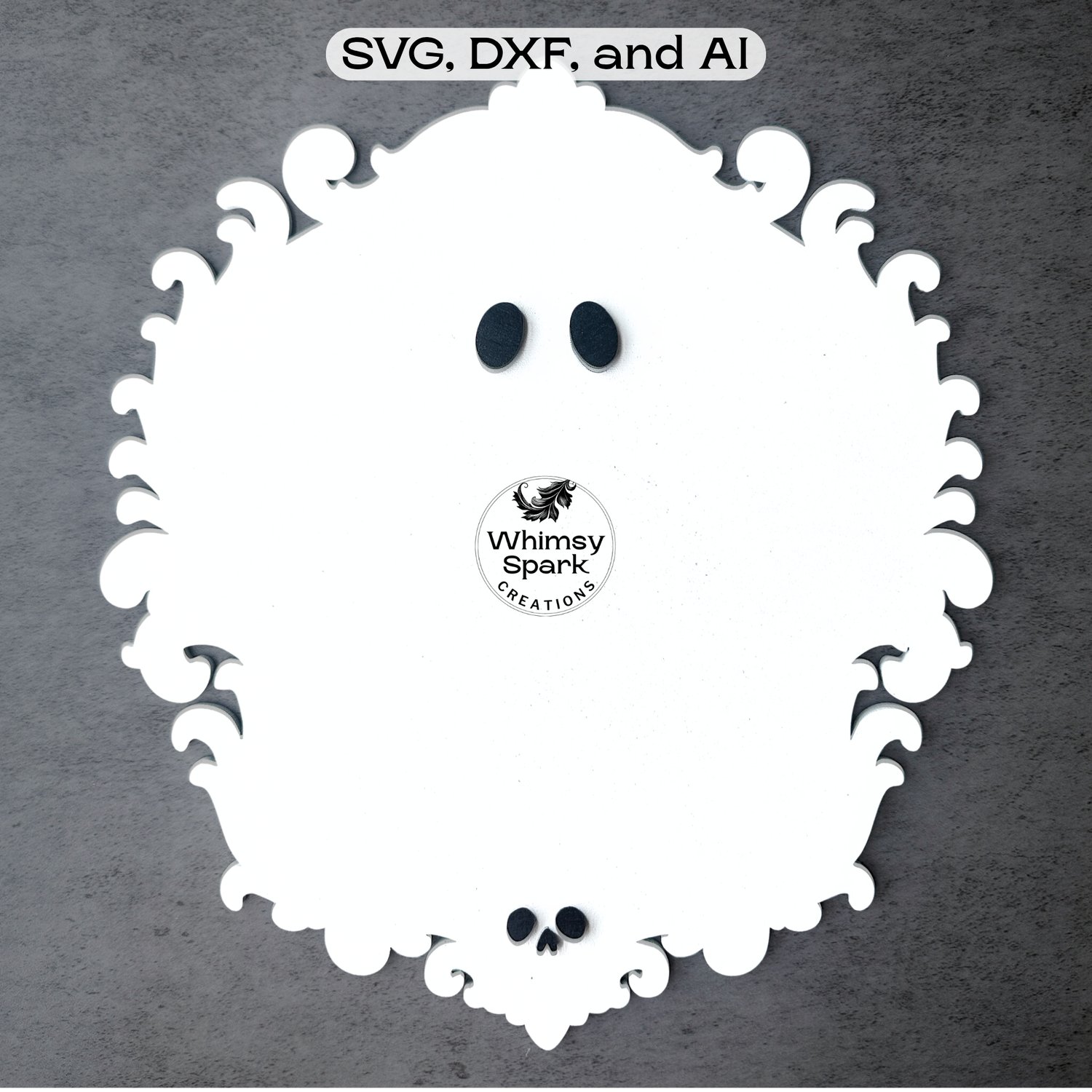 Layered baroque ghost SVG laser-cut design—ornate scroll frame, skull accent, black-white contrast mock-up on stone backdrop