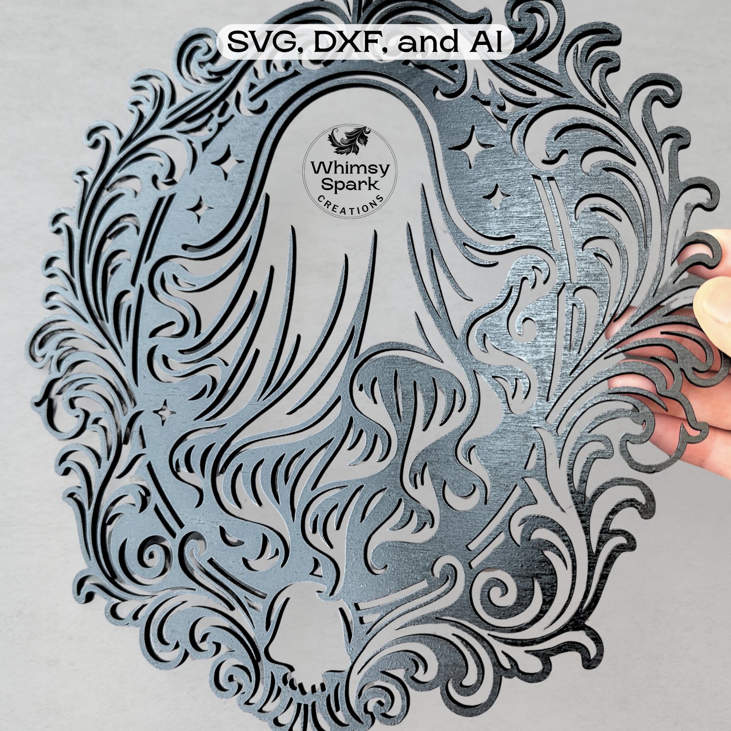 Layered baroque ghost SVG laser-cut design—ornate scroll frame, skull accent, black-white contrast mock-up on stone backdrop