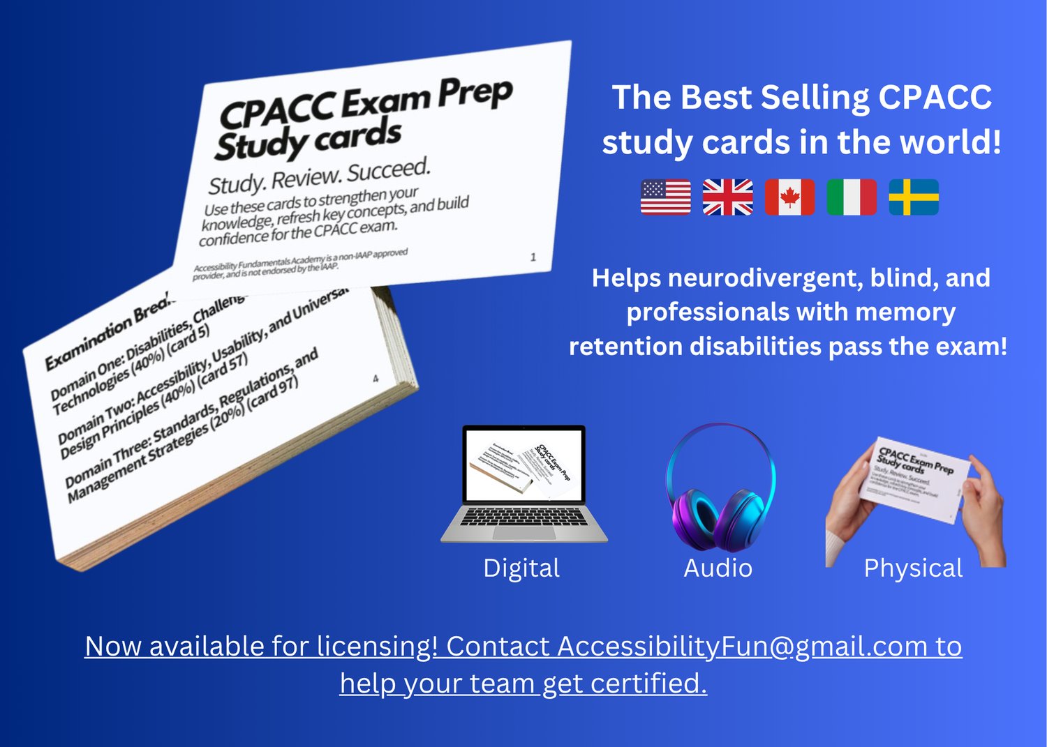 The study cards are best sellers for neurodivergent, blind professionals in the US, Europe, and Canada