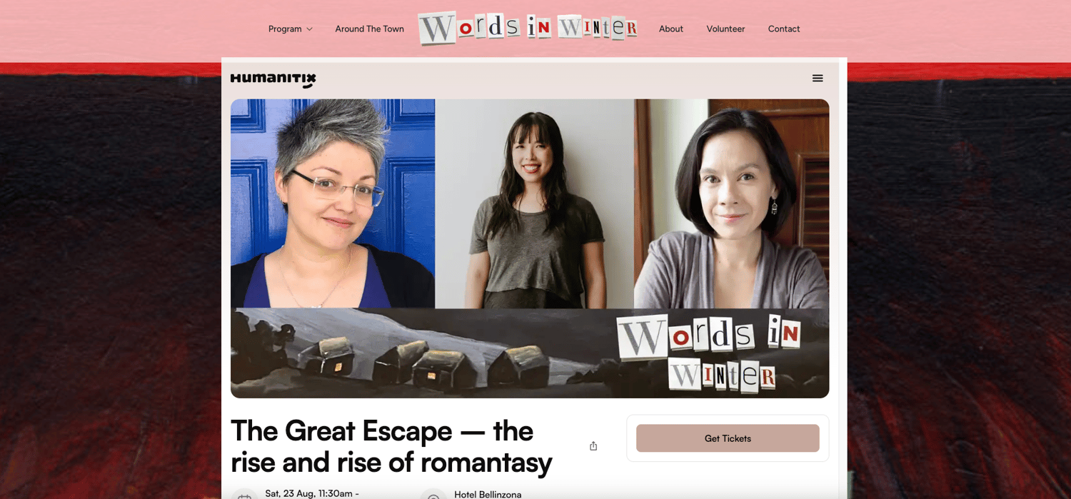 Words in Winter panel image featuring fantasy authors Lisa Terrino, Keshe Chow and Melanie Ansley