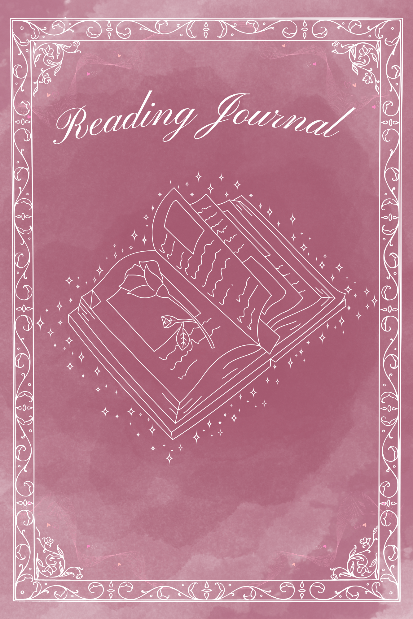 Vivid pink aesthetic background with an open book in the center, small scattered stars, and the text ‘Reading Journal’ written across the page