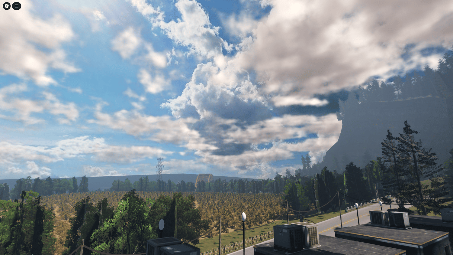 Dense Roblox city center surrounded by nature and towns