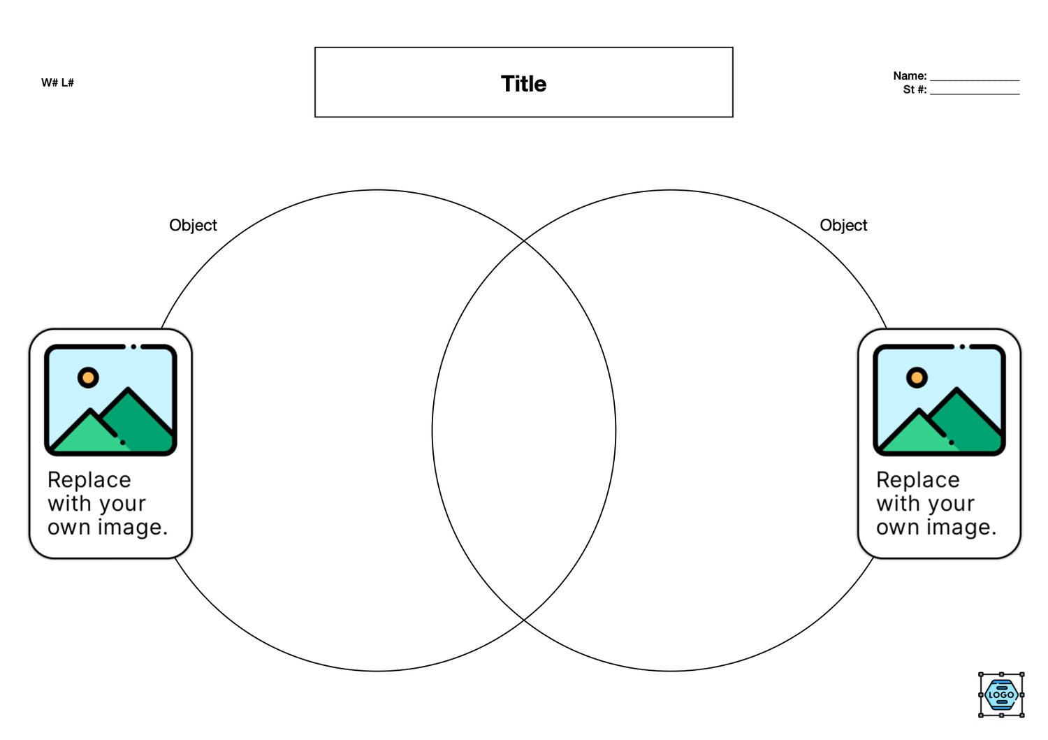 Venn diagram worksheet with two overlapping circles labeled ‘Object’, spaces to insert custom images on each side, and fields for title, name, and student number.