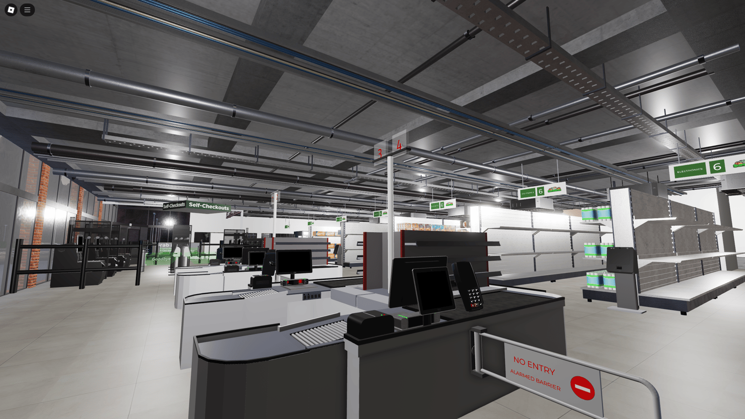 Roblox parking lot with EV chargers and store entrance view