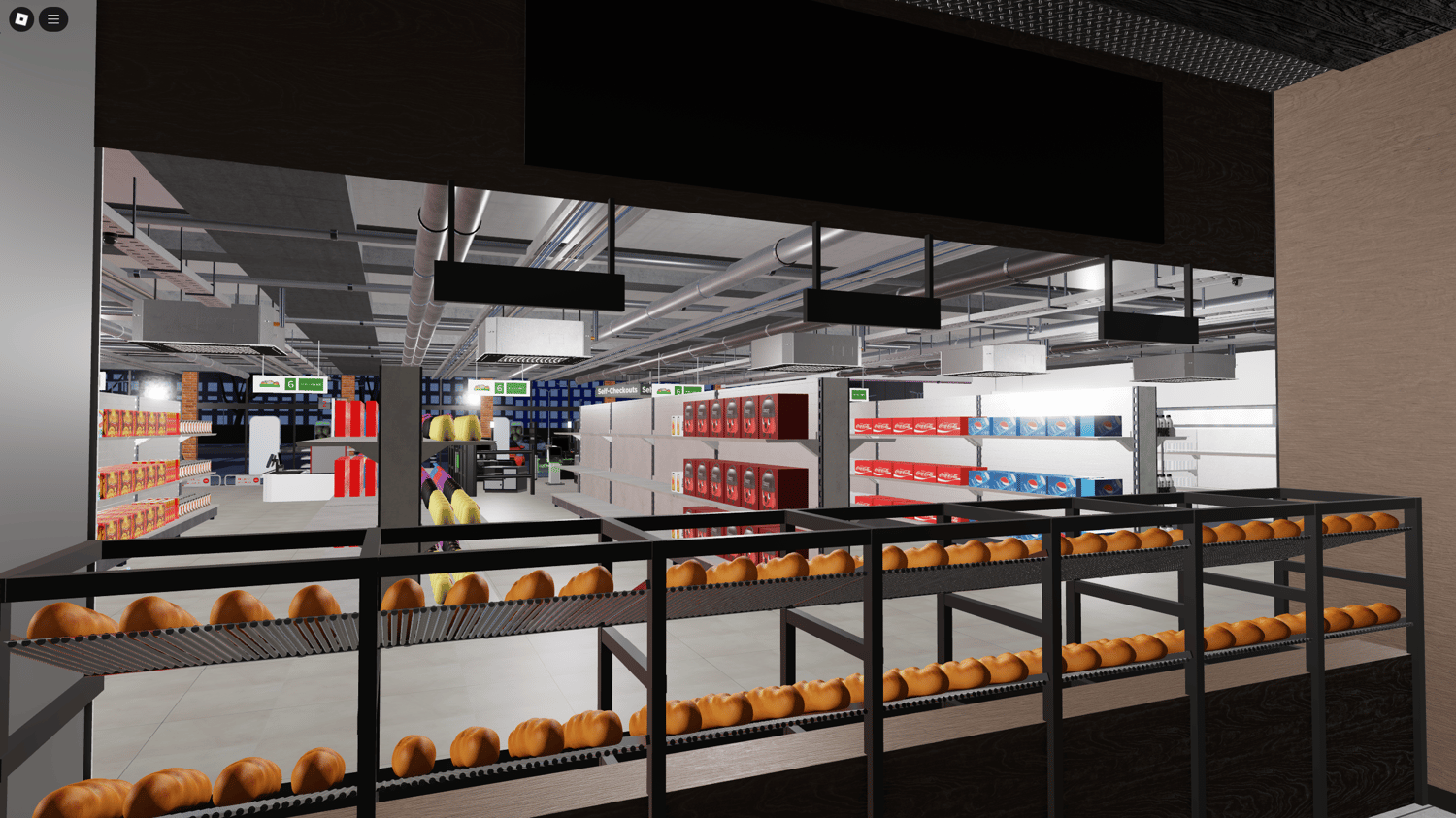 Second floor office area with computers in Roblox supermarket RP