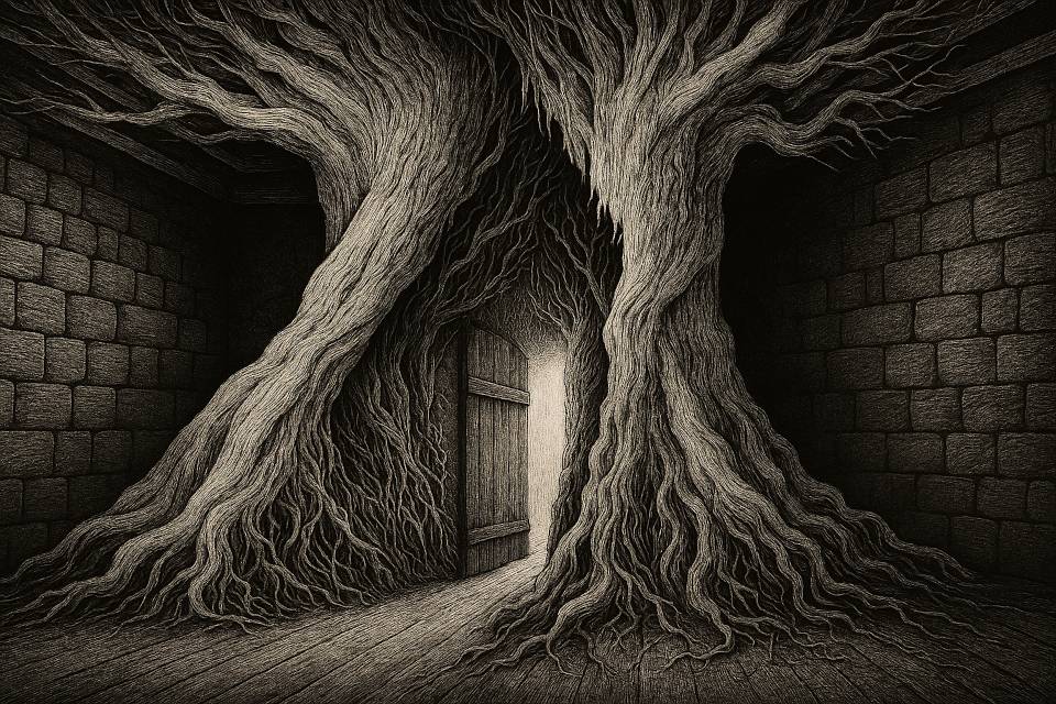 Engraved tree arch and door – hero image for Bromelain Games site relaunch and Langton Manor printable escape rooms.