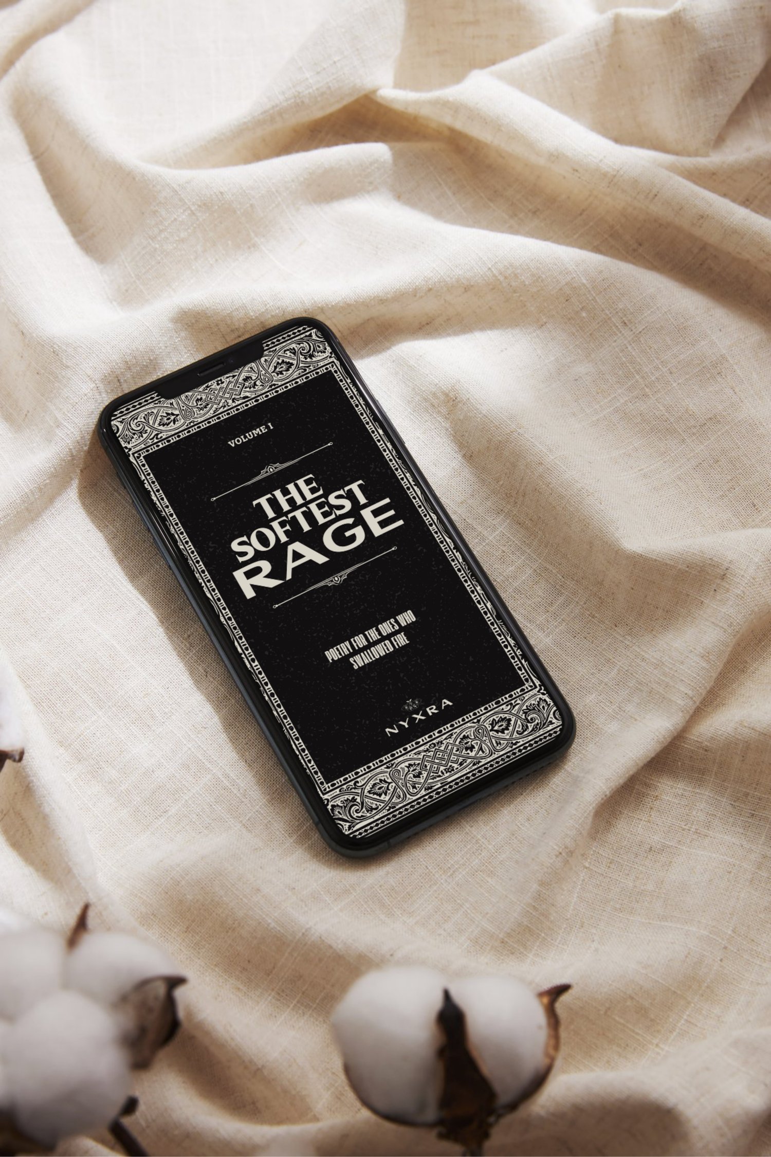 Digital poetry zine displayed on iPhone - quote page from The Softest Rage by Nyxra