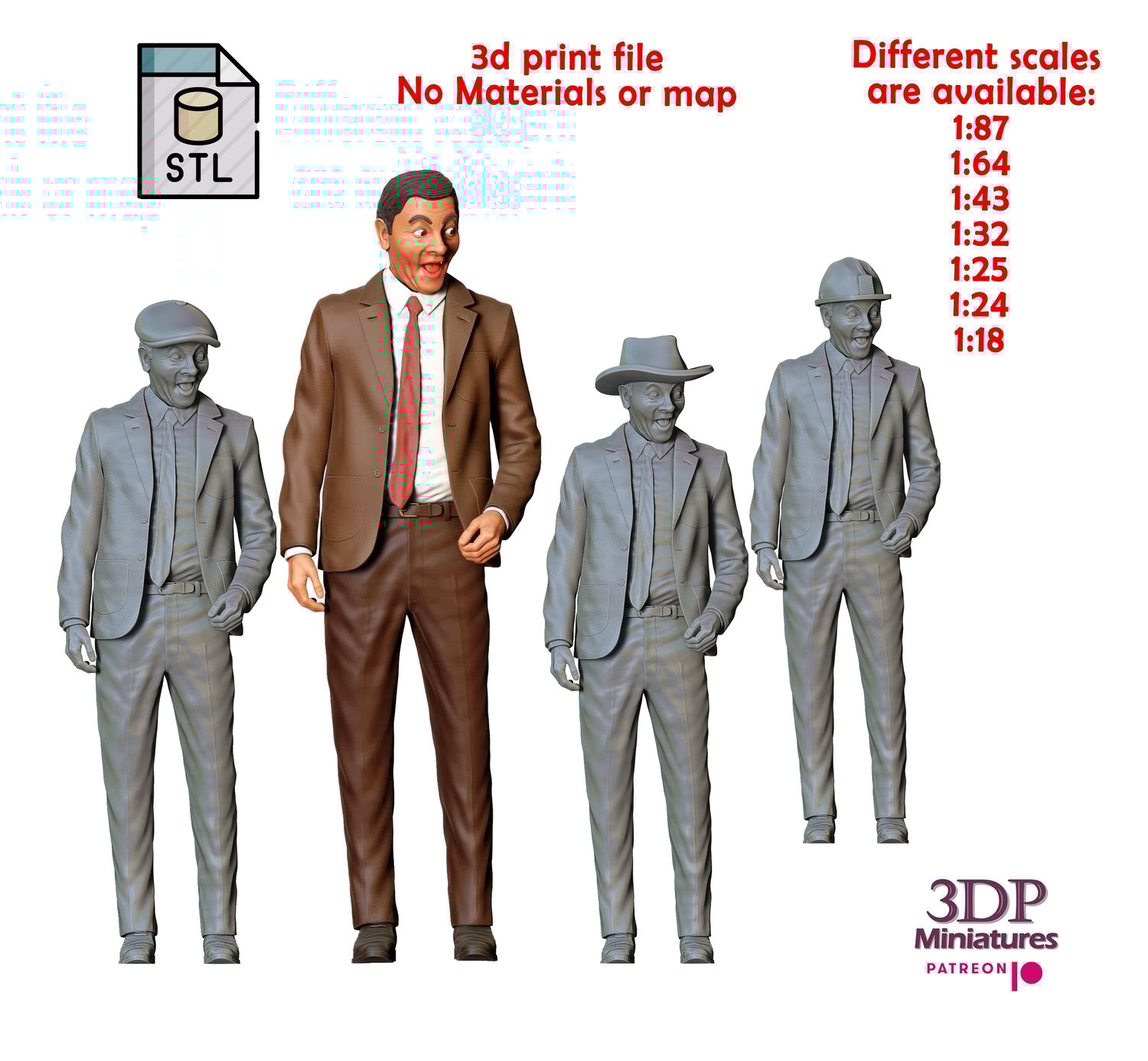 3dp Miniatures, Mr. Bean with different variation of hats and helmet