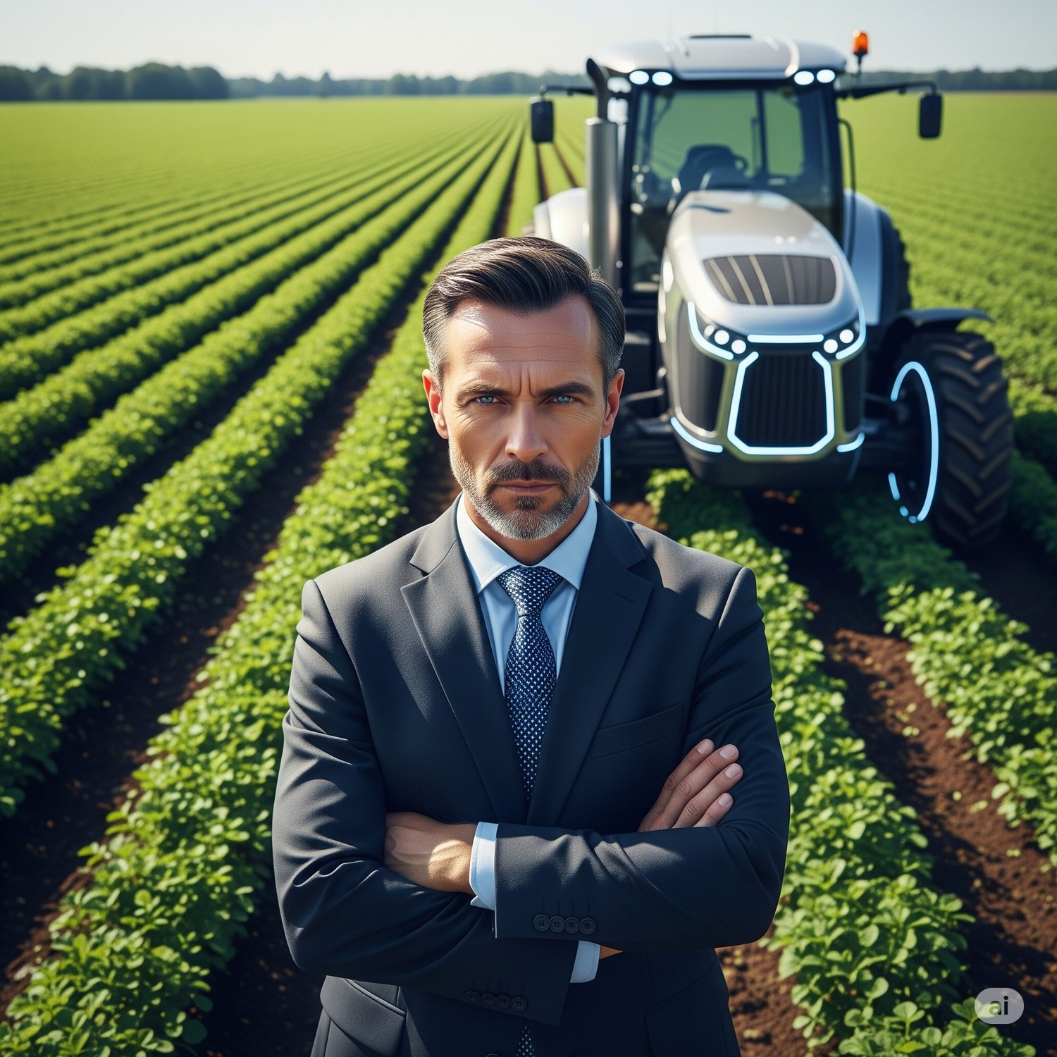 Un inversor de pie con los brazos cruzados, actuando como una barrera simbólica frente a un campo agrícola futurista con un tractor moderno. La imagen representa los desafíos y obstáculos en la inversión en innovación agrícola, con un tono profesional y d