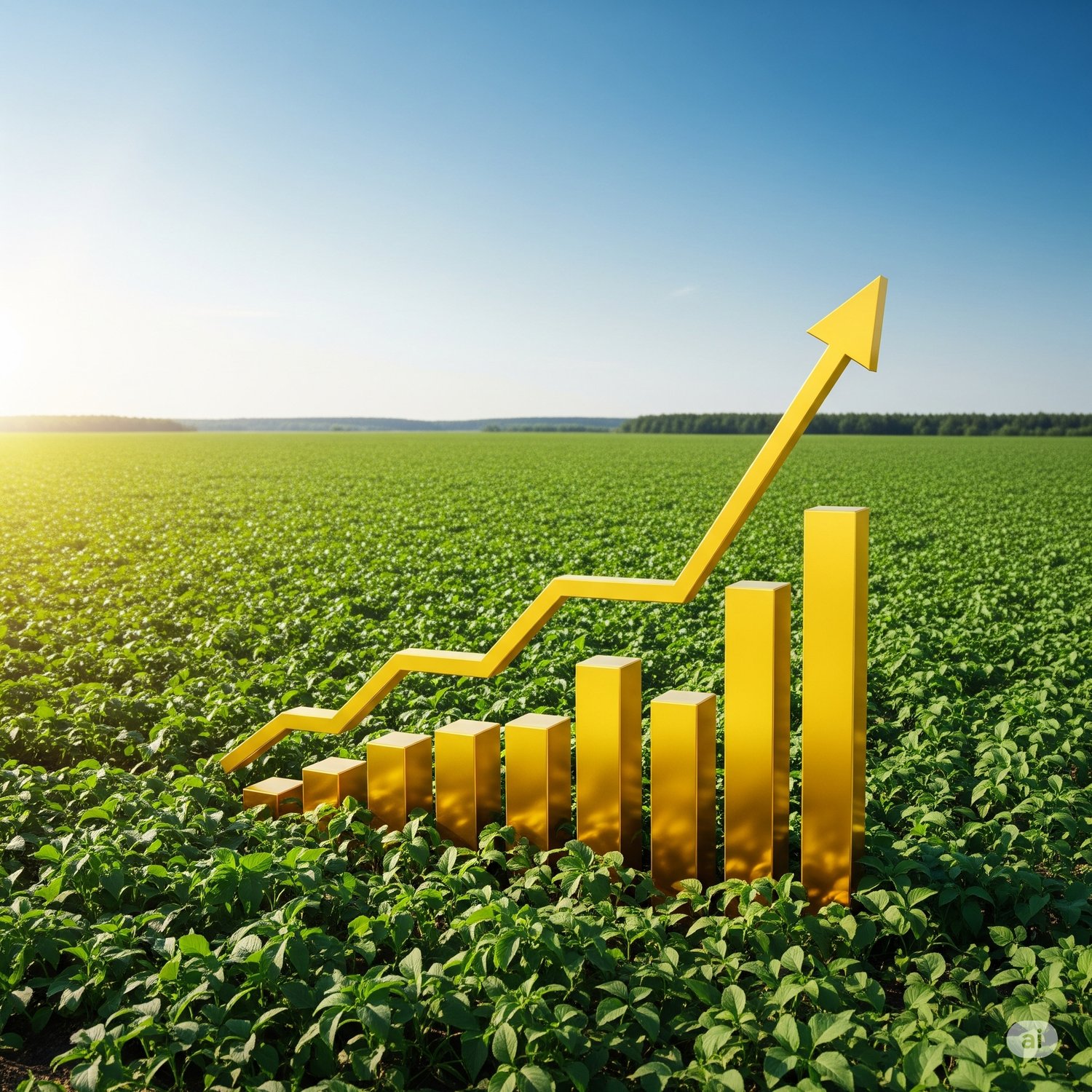 Un gráfico de barras dorado con una flecha ascendente emerge de un campo verde y fértil bajo un cielo azul claro. Esta imagen simboliza la conexión entre la agricultura y el éxito financiero, representando el potencial de crecimiento económico en el secto