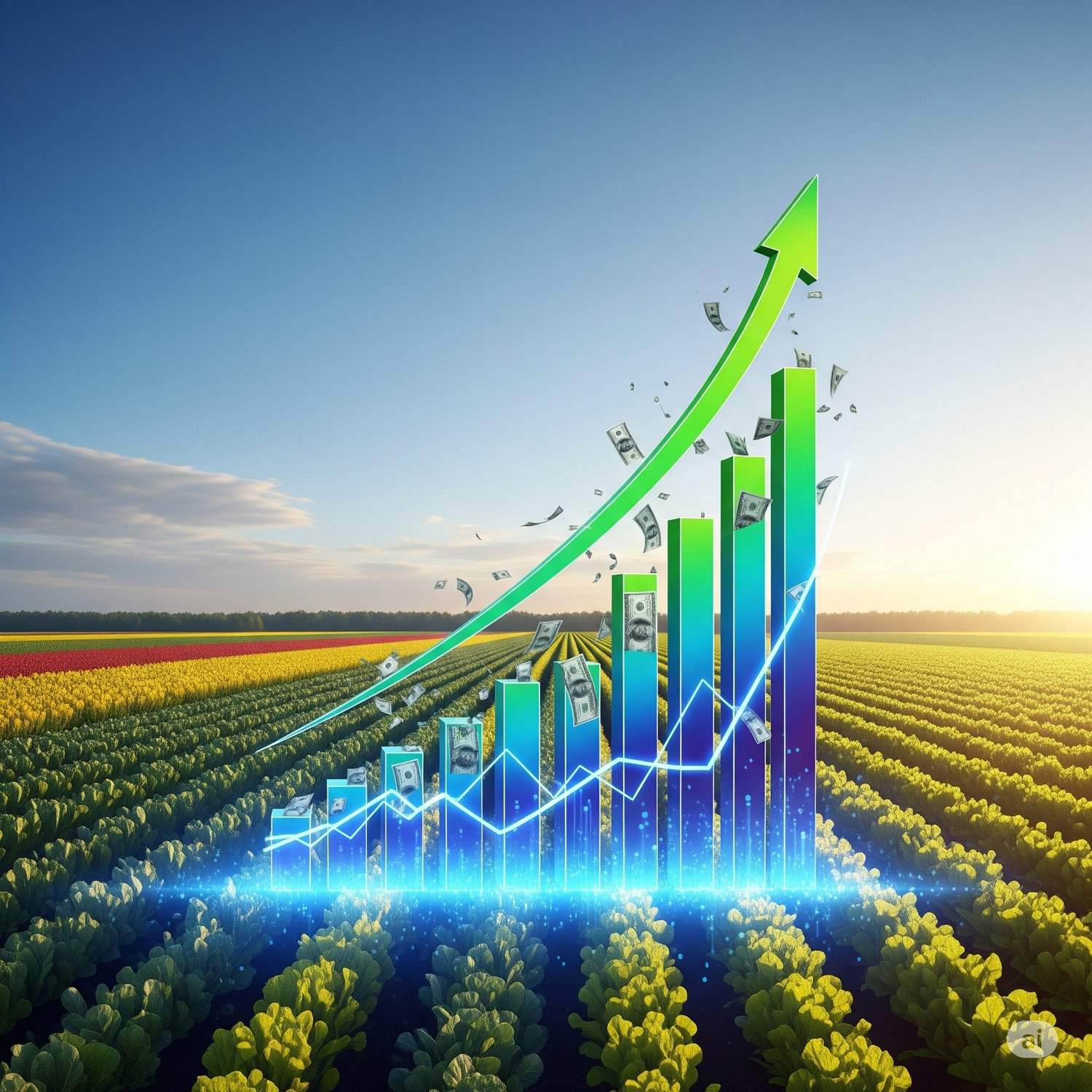 Un vibrante gráfico de barras ascendente, adornado con billetes de dólar flotantes y una línea de tendencia digital luminosa, se eleva sobre un extenso campo cultivado bajo un cielo soleado. Esta imagen ilustra la sinergia entre la agricultura moderna y l