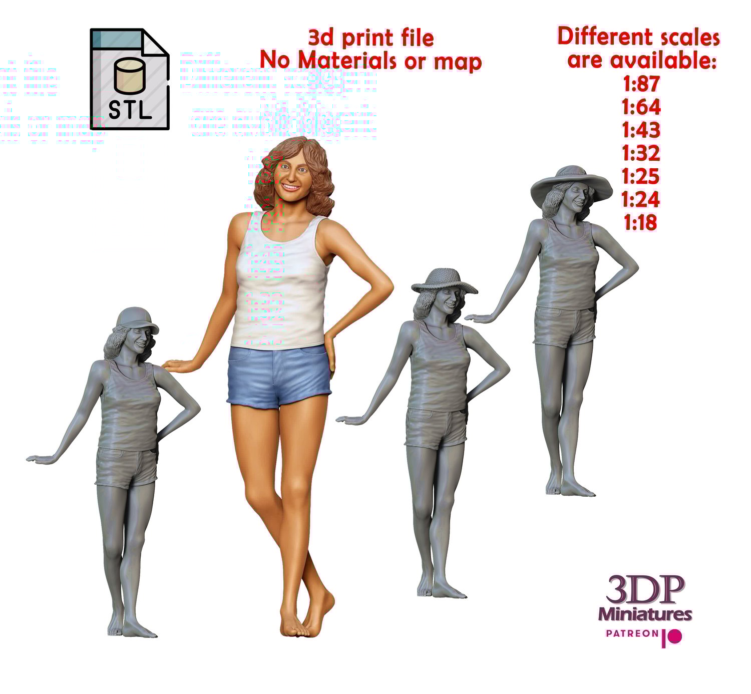 3dp Miniatures, N2 woman from 60s and 70s posing with car