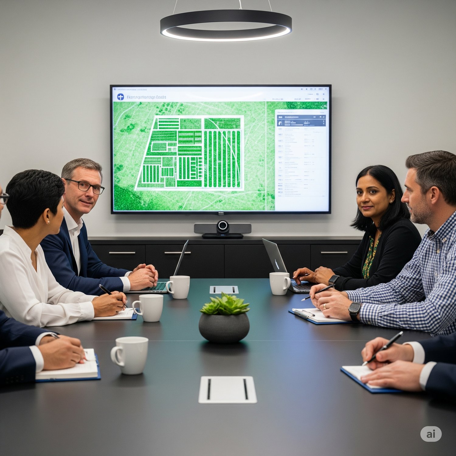 Una mesa de reuniones profesional con un grupo diverso de personas colaborando en un entorno moderno. Al fondo, una pantalla muestra un plano de una granja digital y hay una pequeña planta en la mesa, integrando sutilmente elementos agrícolas y tecnológic