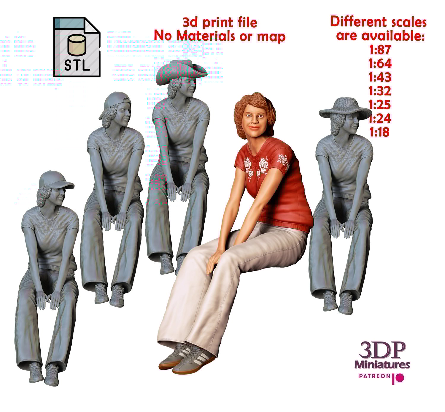 3dp Miniatures, N3 woman from 60s and 70s posing with car