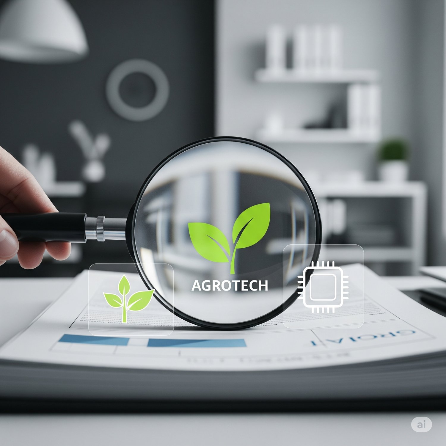 Una lupa en primer plano examina detalladamente una pila de documentos organizados, con iconos sutiles de Agrotech (una planta verde y un microchip) integrados en el diseño. El fondo muestra un entorno de oficina profesional y ordenado. Esta imagen transm