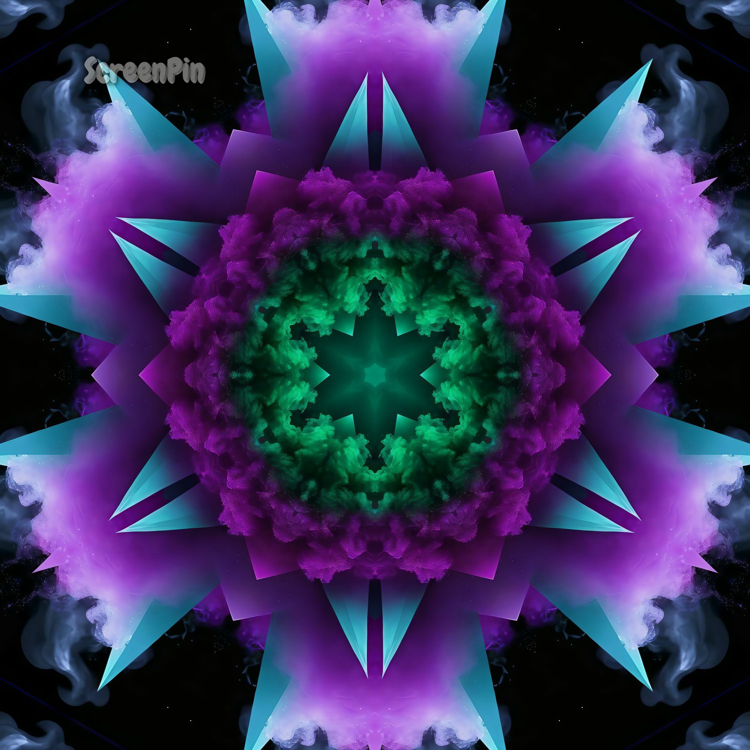 A digital mandala in purple and green with sharp geometric lines and smoky textures, radiating symmetry and mysticism on a dark background.
