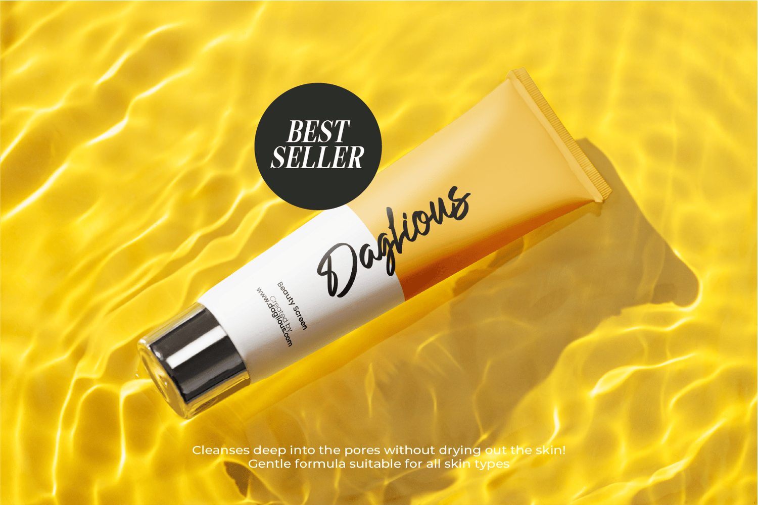 Dafrius skincare product with Best Seller label, featuring Baglietta modern script font on a vibrant yellow water background.