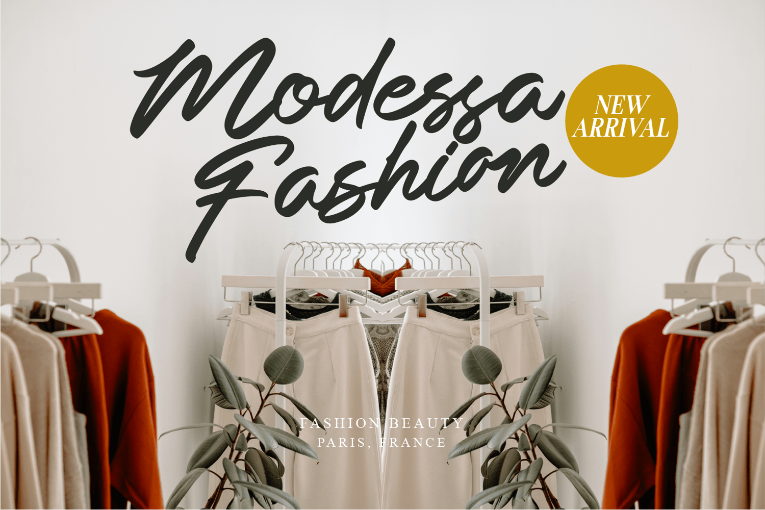 Modessa Fashion promotional banner using Baglietta modern script font, featuring stylish clothing rack and elegant branding.