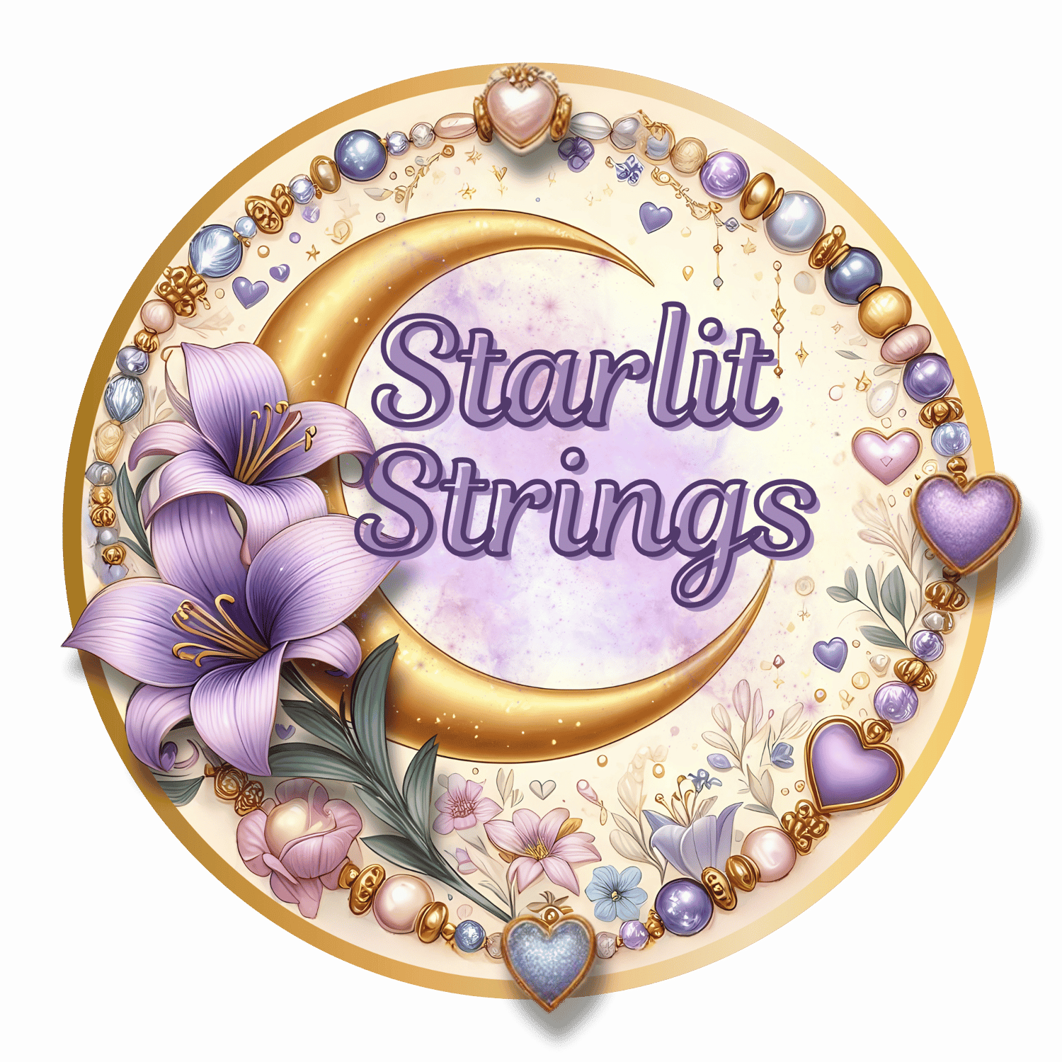 Whimsical logo with a gold crescent moon and soft lavender watercolor background, surrounded by pearl and heart-shaped beads, floral accents, and the text 'Starlit Strings' in purple — representing a handmade bracelet brand.