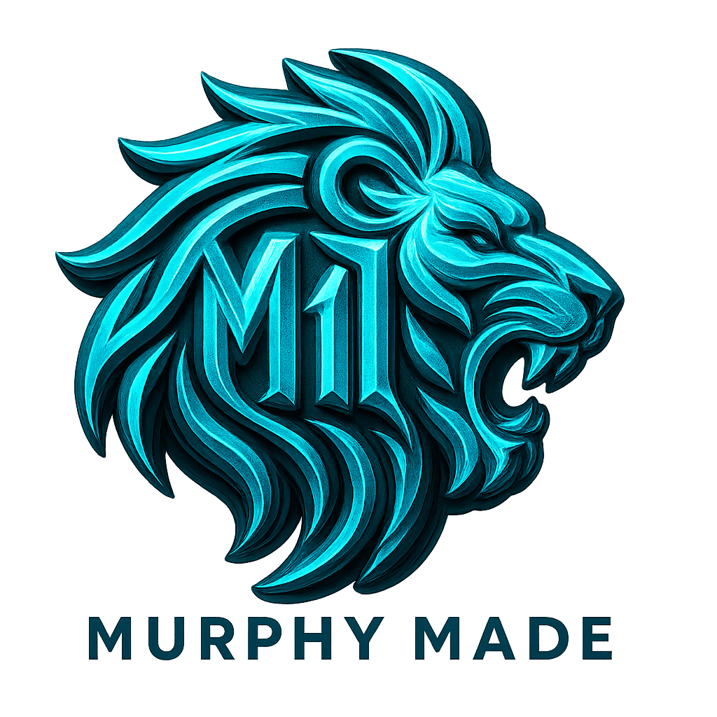 Bold turquoise tribal lion head with the letters 'M11' integrated into the mane and 'Murphy Made' below, symbolizing a strong and modern kids' apparel line with a powerful lion motif.
