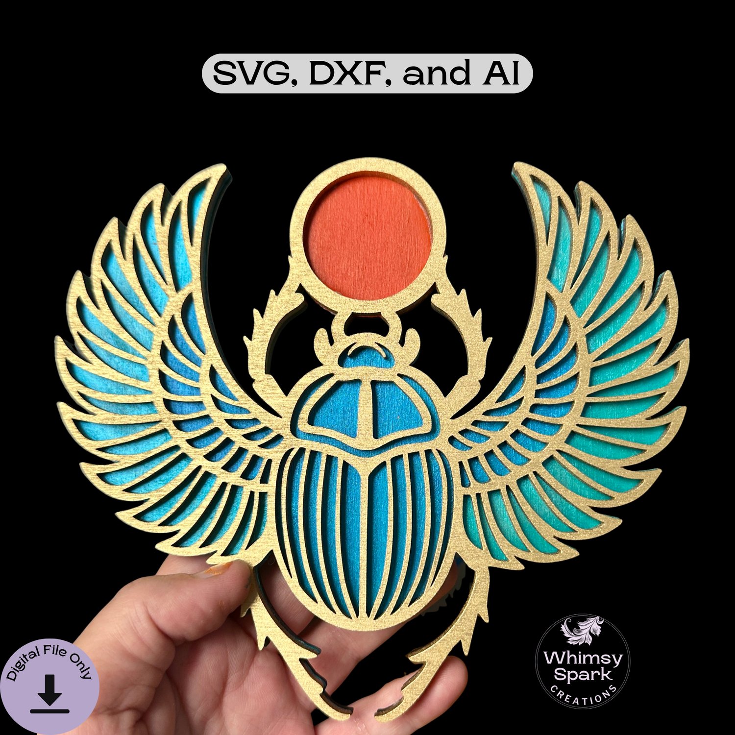 Egyptian Scarab SVG – Layered Laser Cut File with Sun Disk