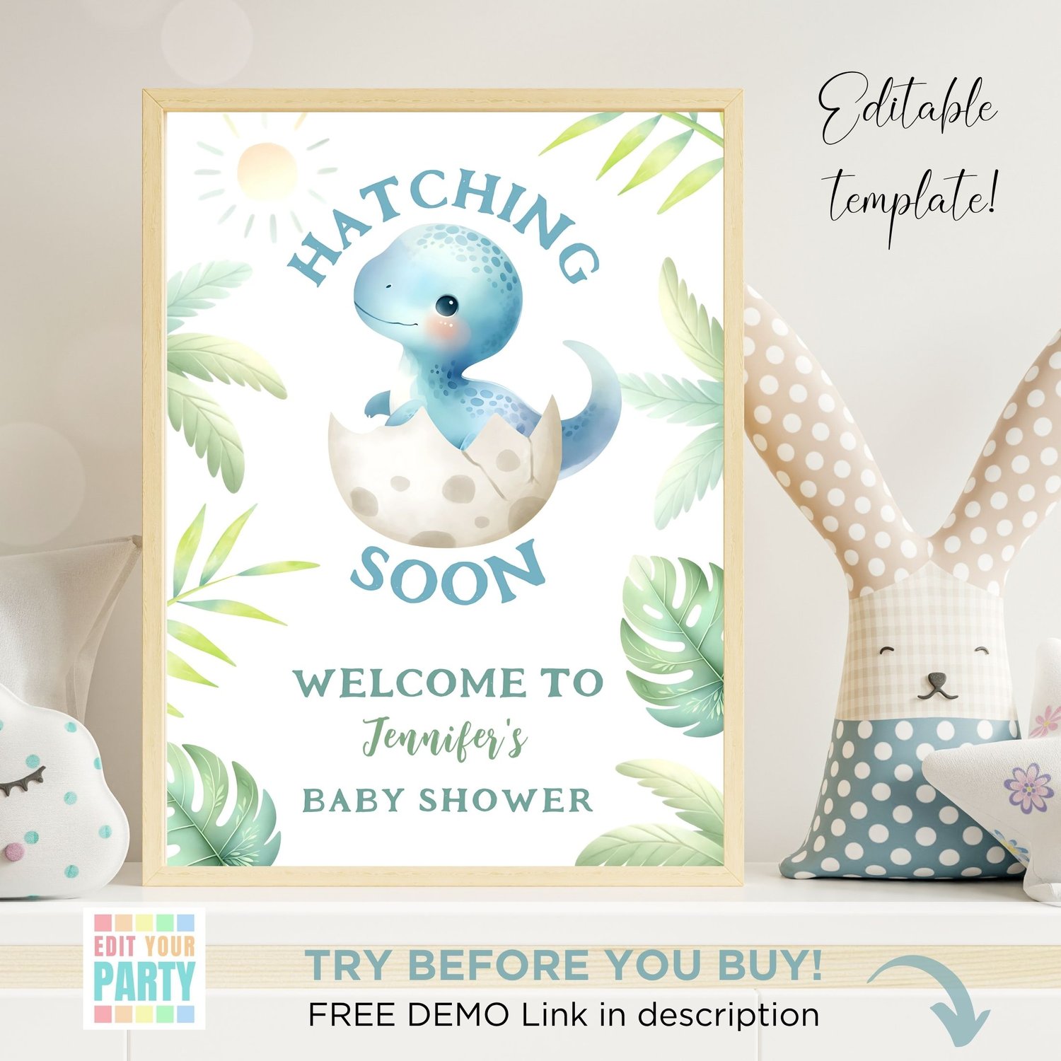 EDITABLE Hatching Soon Baby Shower Welcome Sign,Dinosaur Baby Shower ...