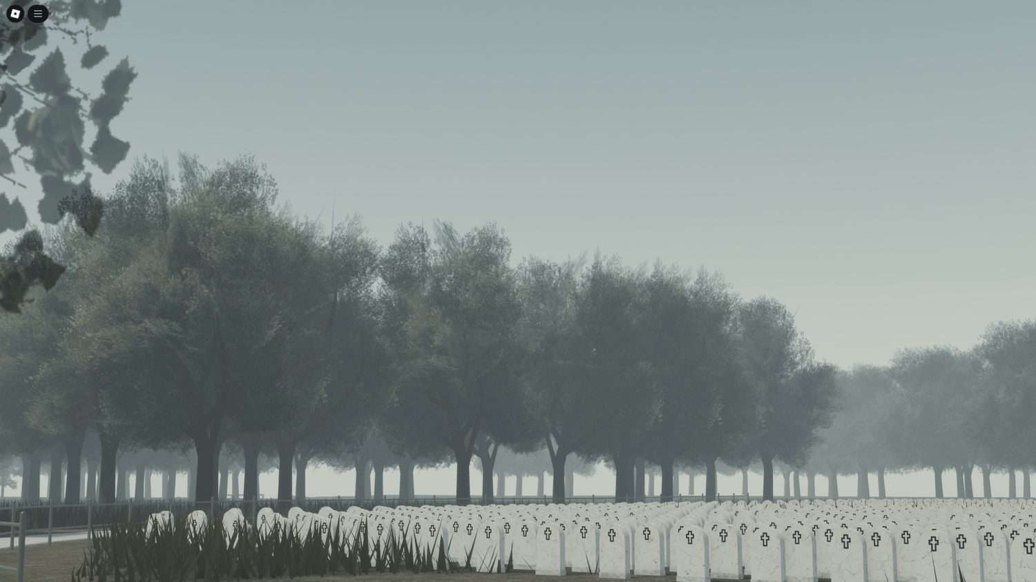 Roblox military cemetery map with green hills and trees