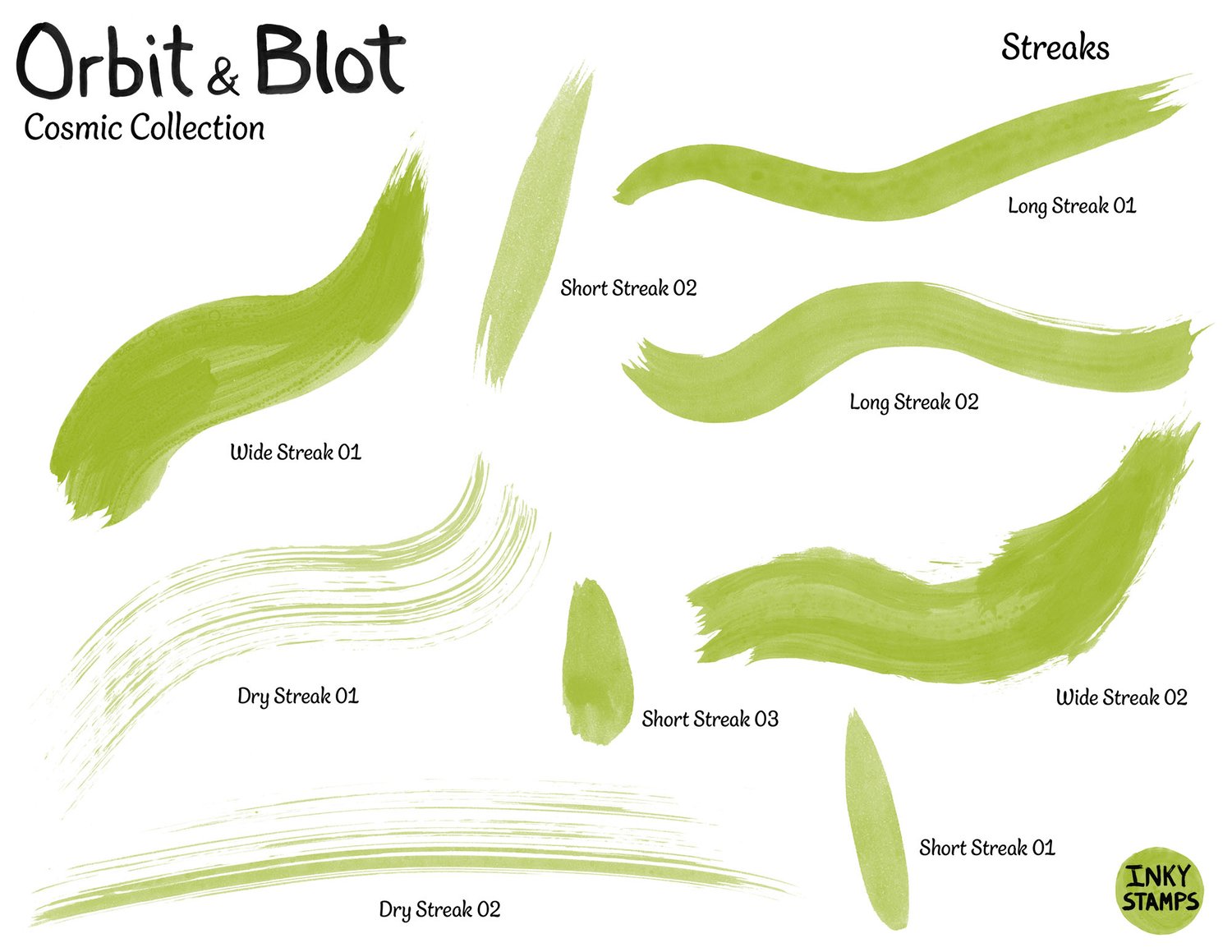 Orbit and Blot  - Cosmic Collection - Streaks. Stamps of a variety of streaks - dry brush streaks, wide streaks, short streaks and long streaks. INKY STAMPS