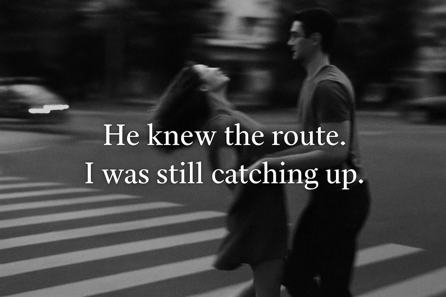 Black and white man and woman spinning on a crosswalk quote he knew the route I was still cathing up poetic essay