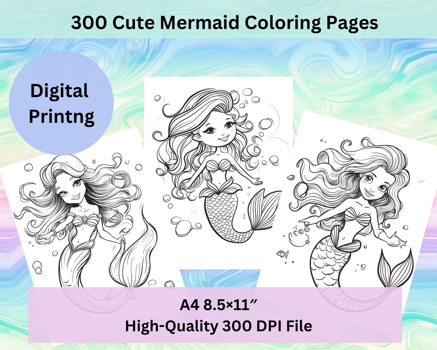 Printable mermaid coloring pages for kids – 300 high-resolution black-and-white designs in PDF, JPG, and PNG formats. Ideal for creative fun, crafts, and learning.