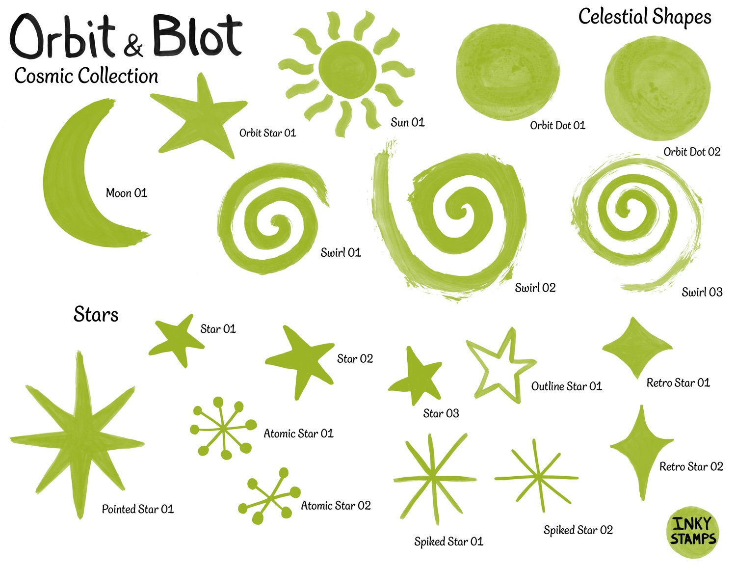 Orbit and Blot  - Cosmic Collection - Celestial Shapes. Stamps of moon, sun, star, brush stroked swirls and giant textured dots.  AND Stars. Stamps of a variety of star shapes - including retro, atomic, outline, pointed  and spiked stars. INKY STAMPS