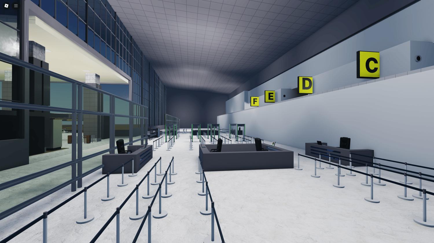 Childrens play area and escalators in Roblox airport map
