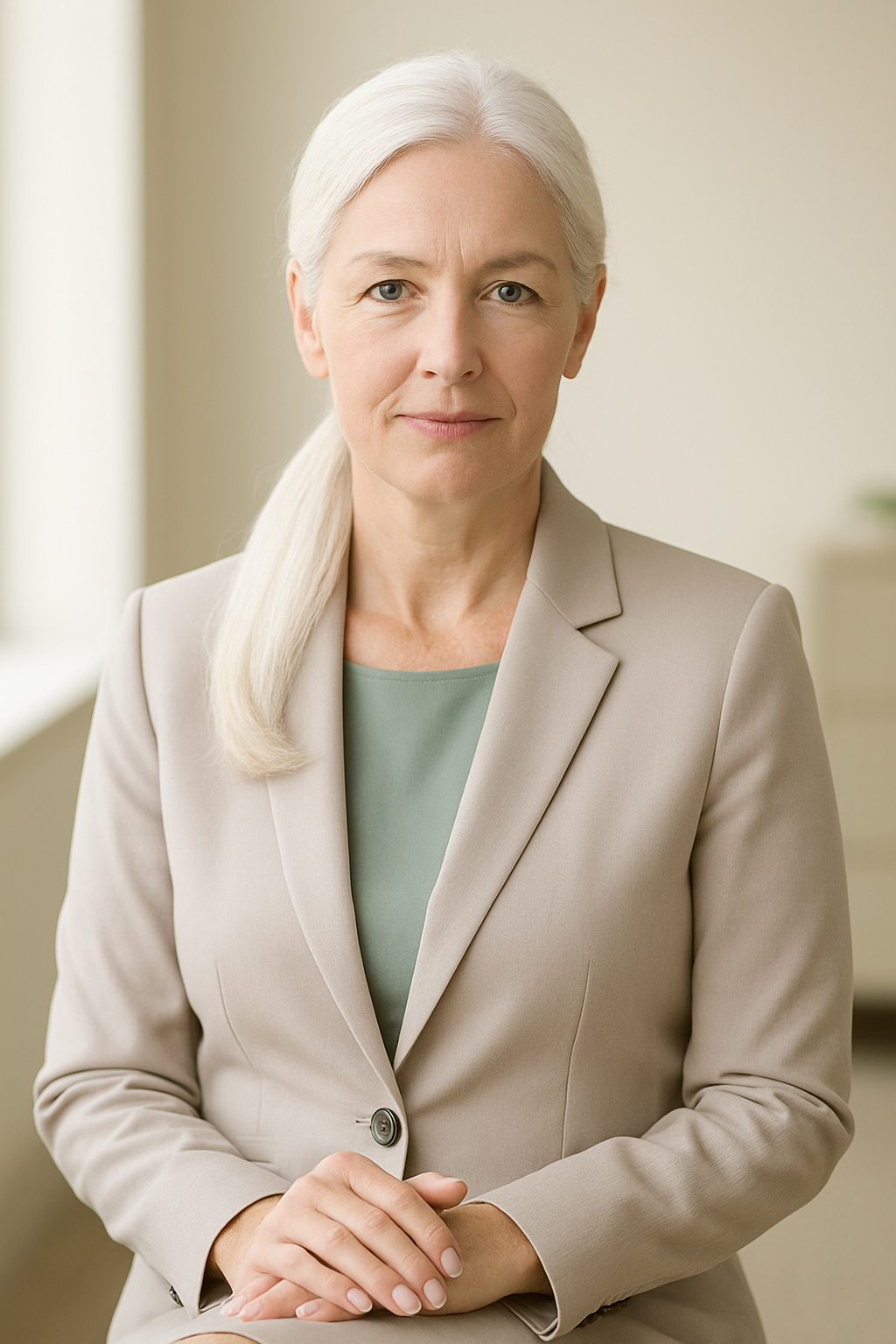 Professional headshot of a middle-aged woman with long white hair in a low ponytail, wearing a fitted business suit. She has a calm, thoughtful expression and is seated against a softly lit office background.
