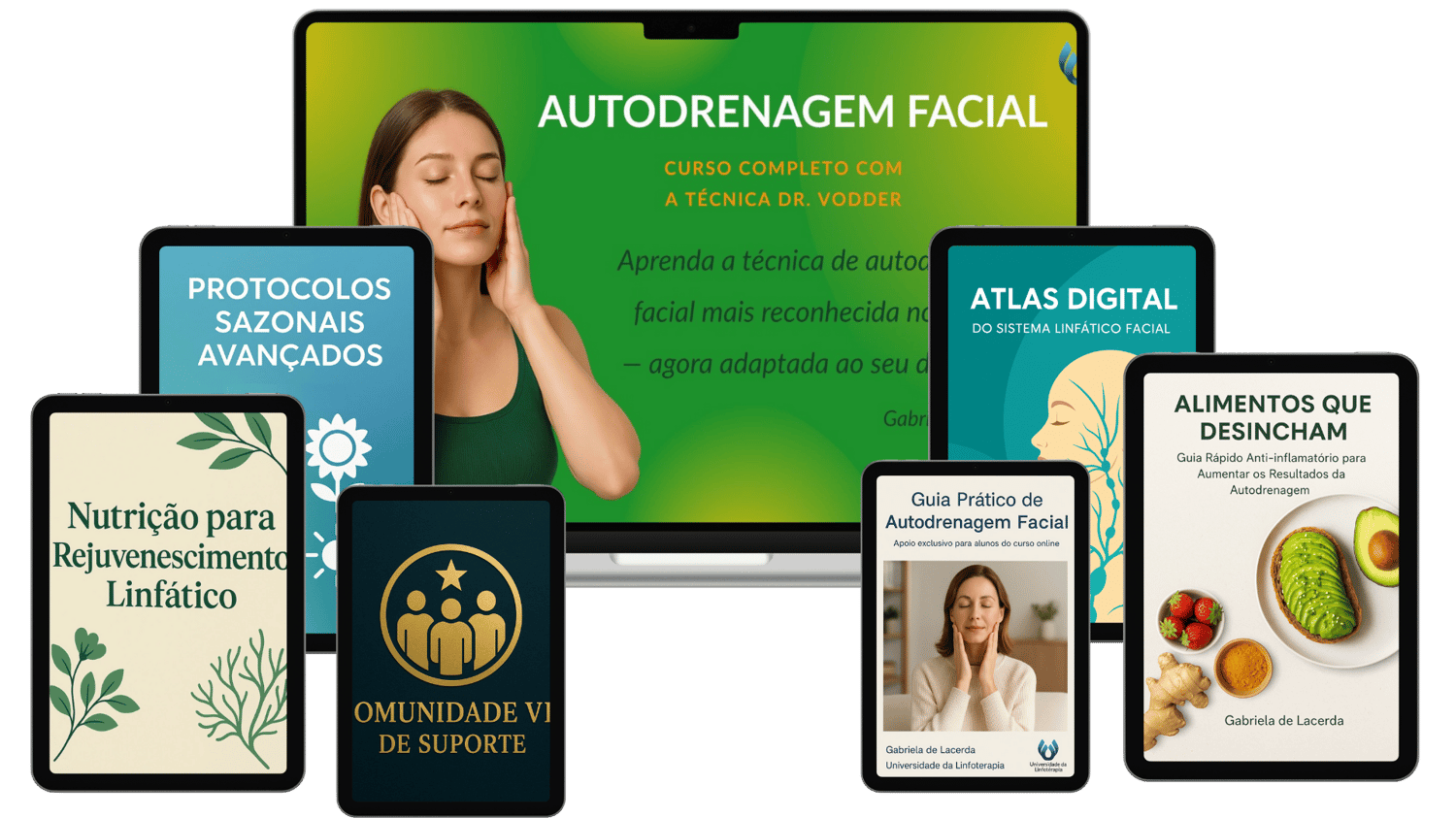Mockup dos materiais digitais do curso de autodrenagem facial, incluindo eBooks, guia nutricional e vídeo, apresentados em diferentes dispositivos.