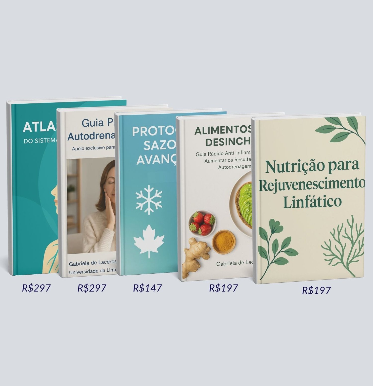Conjunto de bônus do curso de autodrenagem facial: atlas digital, guia prático, protocolos sazonais, alimentos que desincham e nutrição para rejuvenescimento linfático.