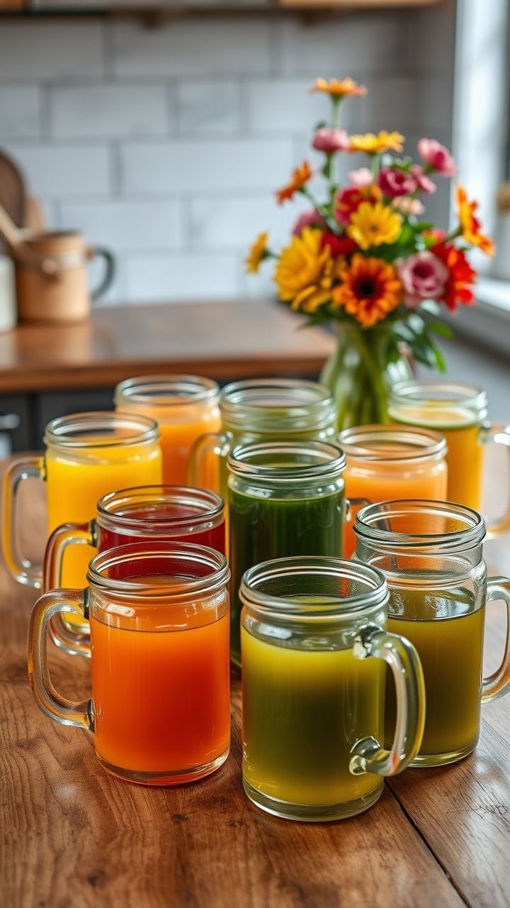 Vegetable broth of various colors red, orange, yellow, and green in glass mugs and a flower vase in the background.